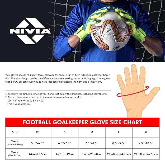 NIVIA football goalkeeper glove size guide showing a goalkeeper holding a ball in front of a net, with instructions to measure hand circumference below the knuckles. Includes a size chart from XS to XL with measurements in inches and centimeters to help select the correct glove size.