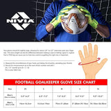 NIVIA football goalkeeper glove size guide showing a goalkeeper holding a ball in front of a net, with instructions to measure hand circumference below the knuckles. Includes a size chart from XS to XL with measurements in inches and centimeters to help select the correct glove size.