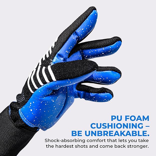 Close-up of a NIVIA Shastra Goalkeeper Glove showing the blue latex palm with PU foam cushioning and textured black finger grips, designed for shock absorption, enhanced grip, and protection during football training and match play.