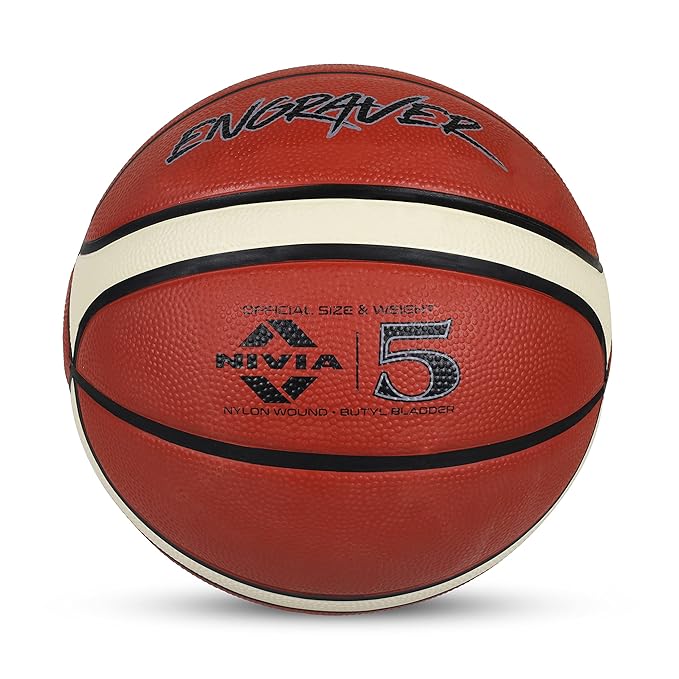 Back view of the NIVIA Engraver All Surface Basketball, size 5, in orange with black and cream stripes, featuring nylon wound construction and butyl bladder for durability and consistent match-level performance.