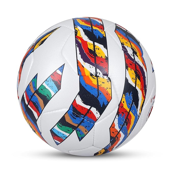 Side view of the NIVIA Shastra Match Football featuring a white base with multicolor graphic panels and stitched construction, designed for professional and competitive soccer play with FIFA Quality Pro certification.