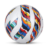 Side view of the NIVIA Shastra Match Football featuring a white base with multicolor graphic panels and stitched construction, designed for professional and competitive soccer play with FIFA Quality Pro certification.