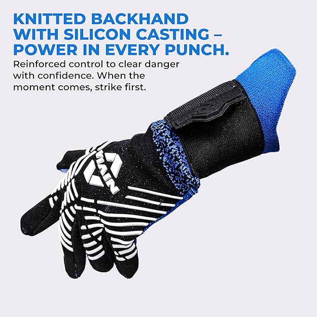 Back view of the NIVIA Shastra Goalkeeper Glove featuring a knitted backhand with silicone casting for enhanced control and punching power, along with a secure wrist closure for stability during football training and match play.