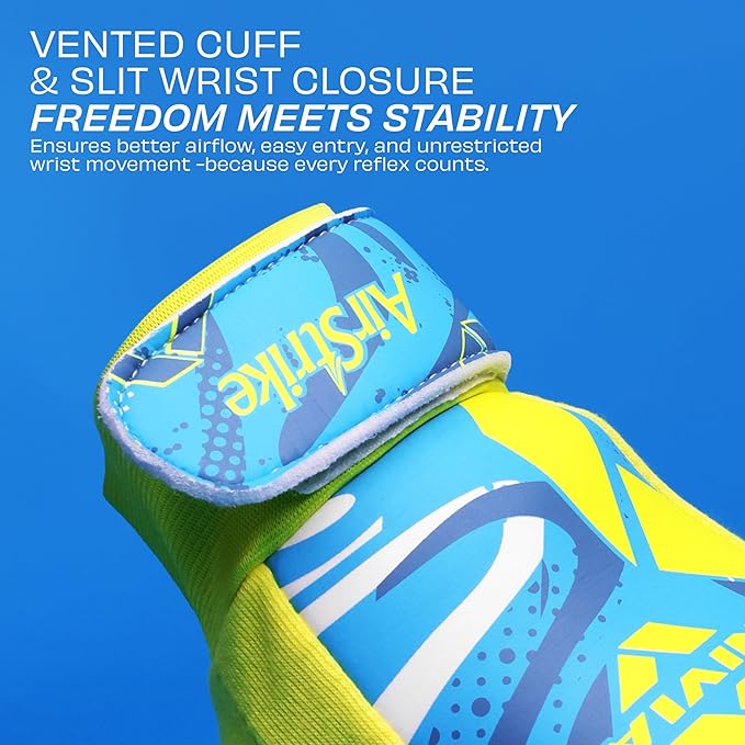 Close-up of the NIVIA Air Strike Football Goalkeeper Glove highlighting the vented cuff and slit wrist closure design, providing better airflow, easy entry, and flexible wrist movement for stability during soccer training and match play.