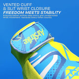 Close-up of the NIVIA Air Strike Football Goalkeeper Glove highlighting the vented cuff and slit wrist closure design, providing better airflow, easy entry, and flexible wrist movement for stability during soccer training and match play.
