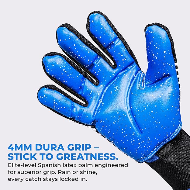 Close-up of the NIVIA Shastra Goalkeeper Glove featuring a blue 4mm Dura Grip latex palm with textured surface for enhanced grip and control, designed for reliable performance in football training and match conditions.