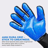 Close-up of the NIVIA Shastra Goalkeeper Glove featuring a blue 4mm Dura Grip latex palm with textured surface for enhanced grip and control, designed for reliable performance in football training and match conditions.