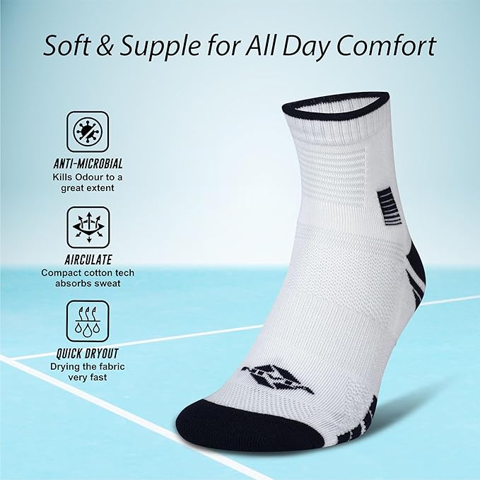 White NIVIA Court Socks No Sweat with navy accents displayed with the headline “Soft & Supple for All Day Comfort,” highlighting anti-microbial odor control, air circulation for sweat absorption, and quick-dry fabric technology for enhanced comfort during sports activities.