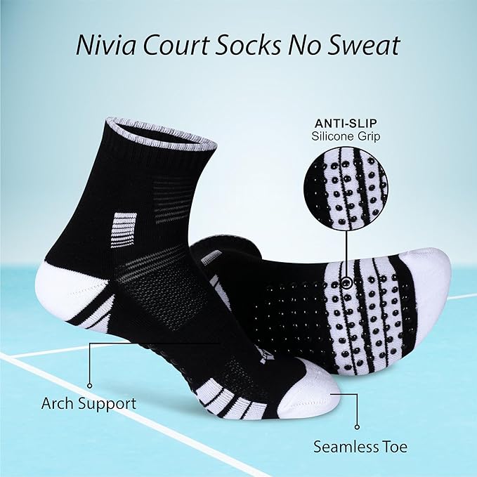 Promotional image of NIVIA Court Socks No Sweat in black and white, highlighting features including anti-slip silicone grip on the sole, arch support, and seamless toe design for enhanced comfort and stability during sports activities.