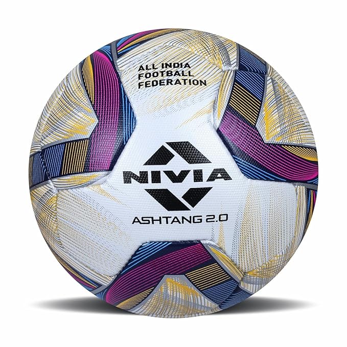 NIVIA ASHTANG 2.0 Football, FIFA Quality Pro match ball with a white microfiber PU cover and colorful geometric panels in blue, pink, and yellow, featuring the NIVIA logo and “All India Football Federation” text, designed for professional-level play on natural and artificial grass surfaces.
