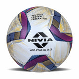 NIVIA ASHTANG 2.0 Football, FIFA Quality Pro match ball with a white microfiber PU cover and colorful geometric panels in blue, pink, and yellow, featuring the NIVIA logo and “All India Football Federation” text, designed for professional-level play on natural and artificial grass surfaces.