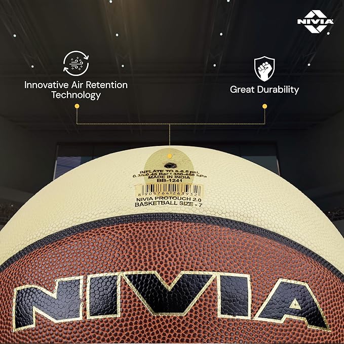 Close-up of the NIVIA Pro Touch 2.0 Size 7 basketball highlighting its textured composite leather surface, with icons indicating innovative air retention technology and great durability.