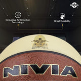Close-up of the NIVIA Pro Touch 2.0 Size 7 basketball highlighting its textured composite leather surface, with icons indicating innovative air retention technology and great durability.