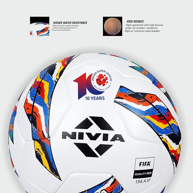 Close-up of the NIVIA Shastra Match Football with multicolor graphic panels and FIFA Quality Pro mark, highlighting features such as higher water resistance and high bounce with a latex bladder for competitive soccer matches.