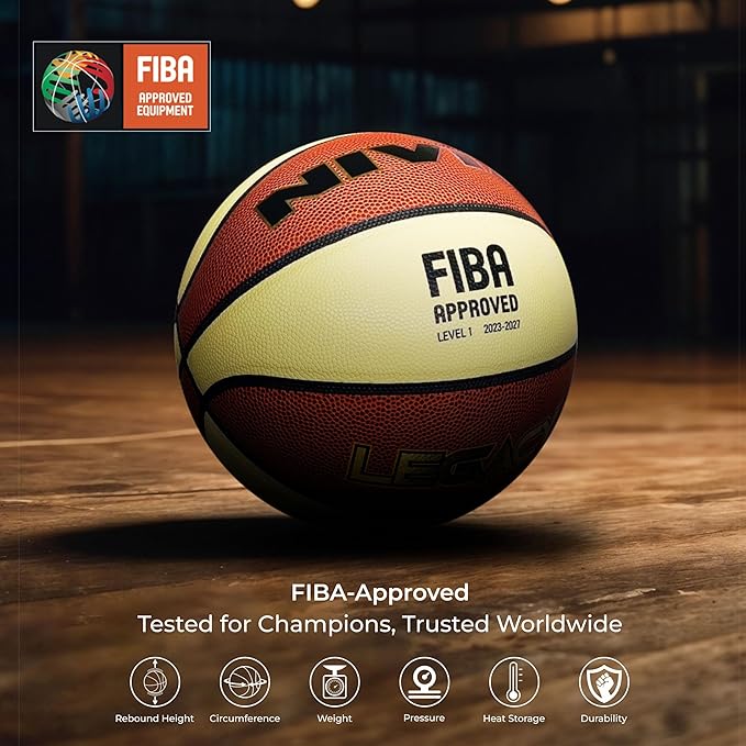 NIVIA Legacy Basketball with FIBA Approved Level 1 (2023–2027) marking displayed on an indoor wooden court, alongside a FIBA Approved Equipment badge and icons highlighting tested standards for rebound height, circumference, weight, pressure, heat storage, and durability.