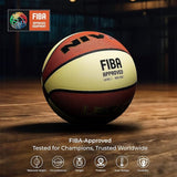 NIVIA Legacy Basketball with FIBA Approved Level 1 (2023–2027) marking displayed on an indoor wooden court, alongside a FIBA Approved Equipment badge and icons highlighting tested standards for rebound height, circumference, weight, pressure, heat storage, and durability.