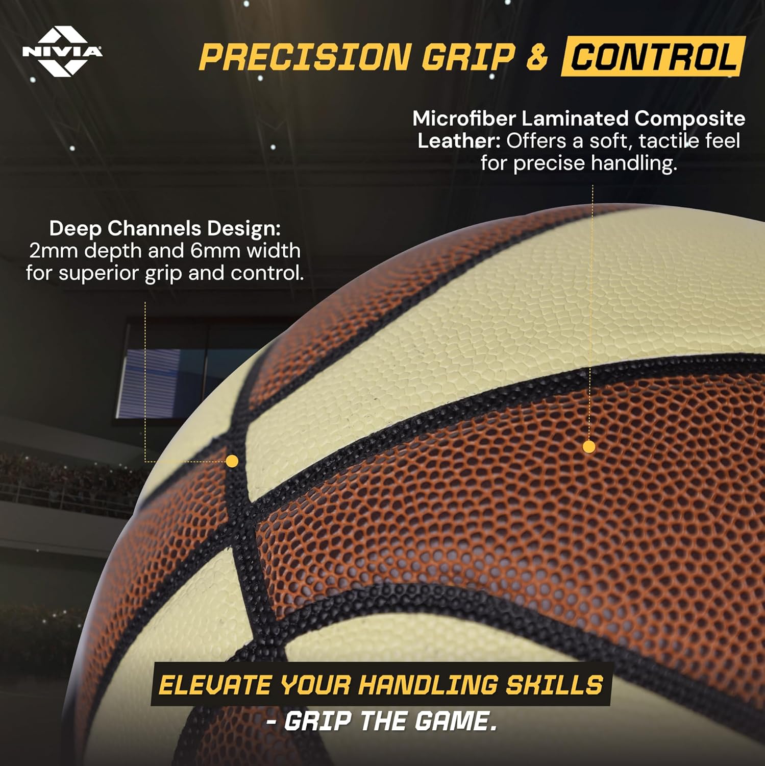 Close-up of the NIVIA Pro Touch 2.0 Size 7 basketball highlighting precision grip and control features, including microfiber laminated composite leather for a soft feel and deep 2mm channels with 6mm width for superior handling and grip.