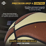 Close-up of the NIVIA Pro Touch 2.0 Size 7 basketball highlighting precision grip and control features, including microfiber laminated composite leather for a soft feel and deep 2mm channels with 6mm width for superior handling and grip.