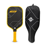 Front view of the NIVIA K-5000 Pro Pickleball Paddle with a black carbon-textured face, white geometric accents, and a yellow edge guard and grip, displayed next to a matching black NIVIA zippered paddle cover with white detailing and logo.