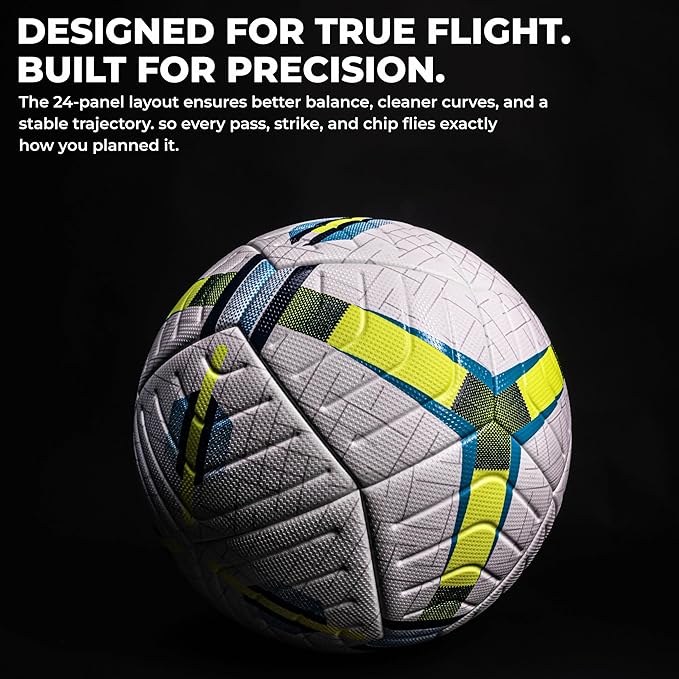 NIVIA Nitro Thermobond Football shown against a dark background with text highlighting “Designed for True Flight. Built for Precision,” emphasizing its 24-panel layout for better balance, stable trajectory, and accurate passes and strikes in professional match play.