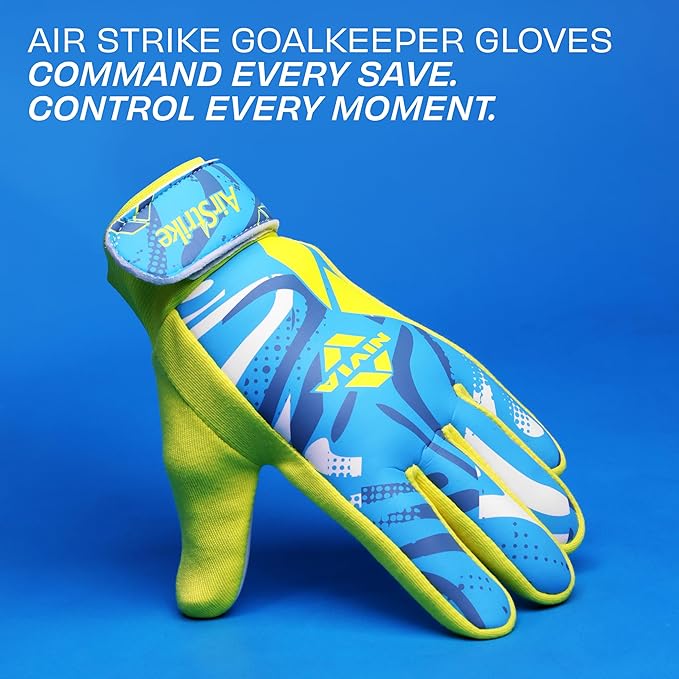 NIVIA Air Strike Football Goalkeeper Glove in blue and neon yellow displayed against a blue background with the text “Command Every Save. Control Every Moment,” designed for soccer training and match play with latex palm for ball control and handling.