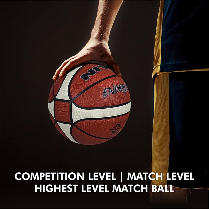 Player holding the NIVIA Engraver All Surface Basketball on a court, with text highlighting “Competition Level | Match Level Highest Level Match Ball,” emphasizing its tournament-grade performance and durability for youth players.