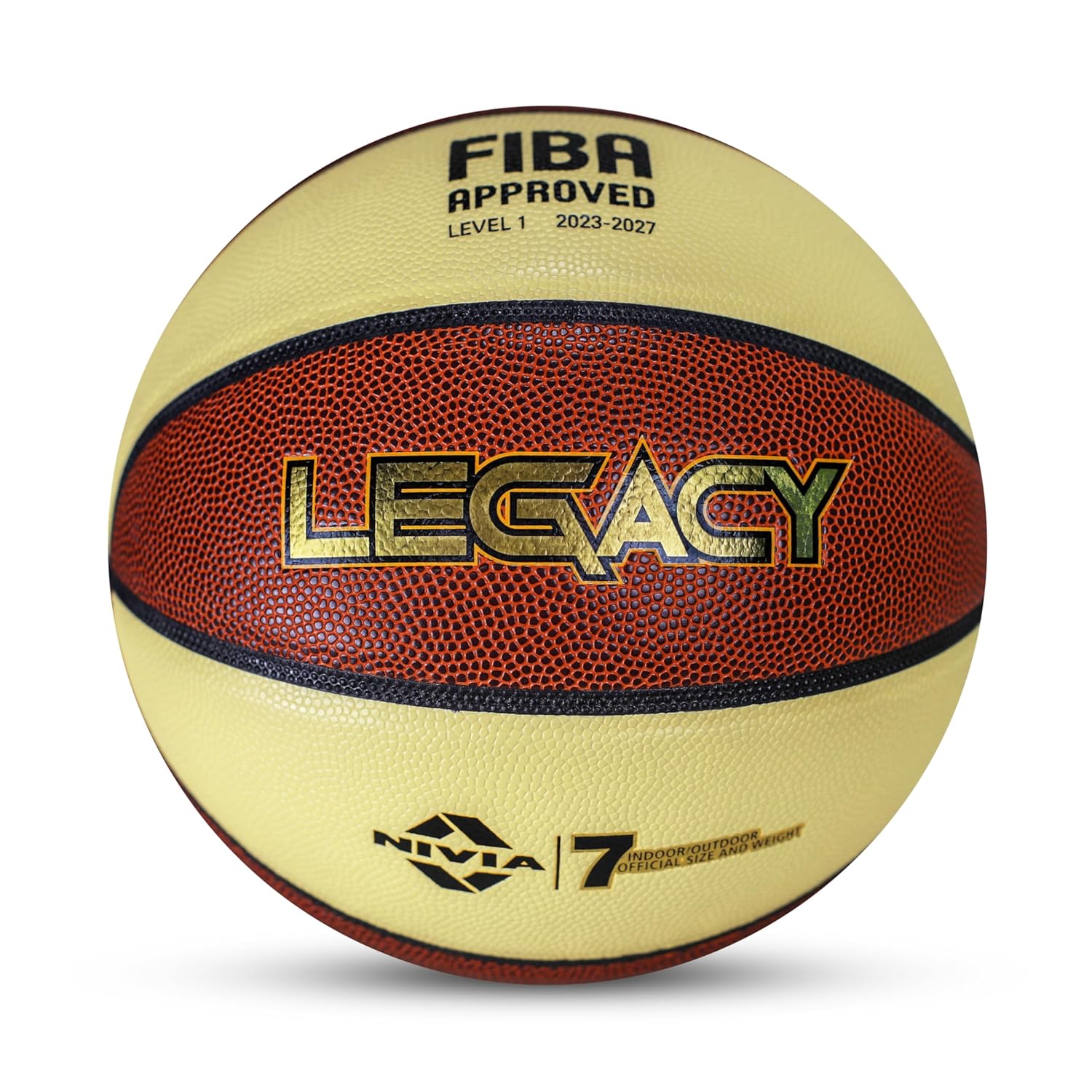 Front view of the NIVIA Legacy Basketball, Size 7, featuring an 8-panel microfiber laminated synthetic leather surface with “LEGACY” branding and FIBA Approved Level 1 (2023–2027) marking, designed for professional indoor play.