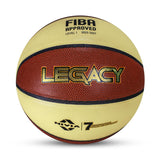 Front view of the NIVIA Legacy Basketball, Size 7, featuring an 8-panel microfiber laminated synthetic leather surface with “LEGACY” branding and FIBA Approved Level 1 (2023–2027) marking, designed for professional indoor play.