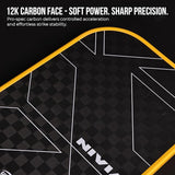 Close-up of the NIVIA K-5000 Pro Pickleball Paddle showing the 12K carbon fiber face with a black checkered texture and white geometric detailing. The paddle has a yellow edge guard and is highlighted with text emphasizing soft power, sharp precision, controlled acceleration, and strike stability.
