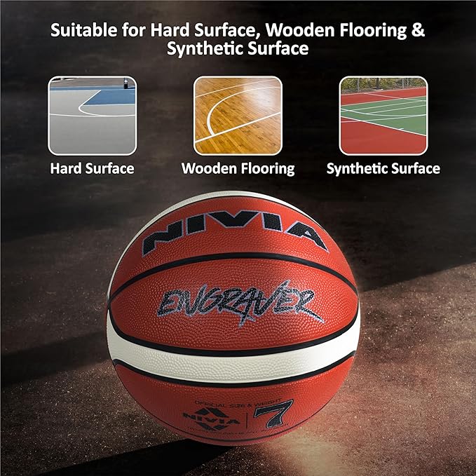NIVIA Engraver All Surface Basketball displayed on a court with text indicating suitability for hard surface, wooden flooring, and synthetic surfaces, highlighting its durable design for versatile indoor and outdoor play.
