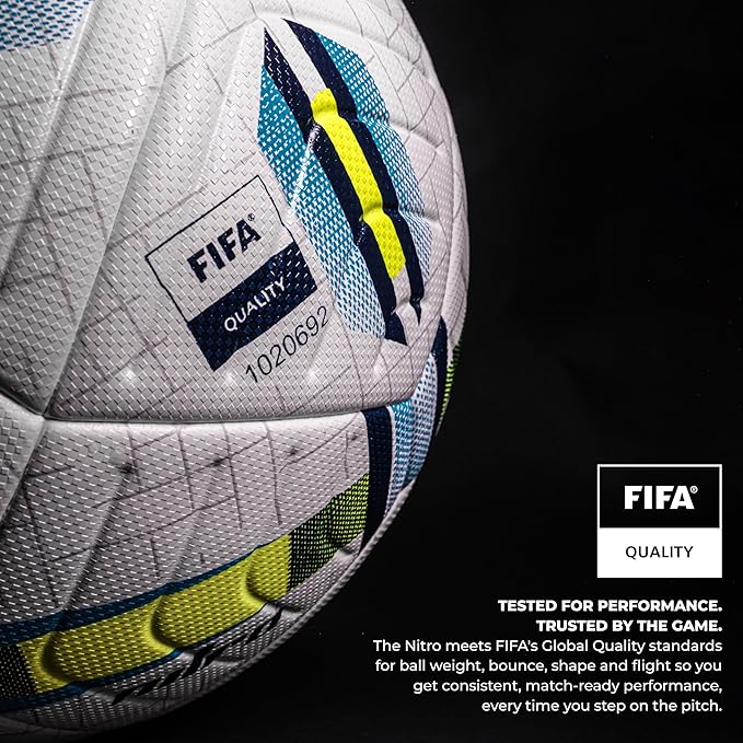 Close-up of the NIVIA Nitro Thermobond Football showing FIFA Quality certification badge and textured surface, highlighting compliance with FIFA Global Quality standards for weight, bounce, shape, and flight for consistent match-ready performance.