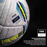 Close-up of the NIVIA Nitro Thermobond Football showing FIFA Quality certification badge and textured surface, highlighting compliance with FIFA Global Quality standards for weight, bounce, shape, and flight for consistent match-ready performance.