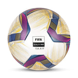 Front view of the NIVIA ASHTANG 2.0 Football showing the FIFA Quality Pro certification mark on a white microfiber PU surface, with vibrant blue, pink, yellow, and black geometric panel graphics, designed for professional-level match play on natural and artificial grass.