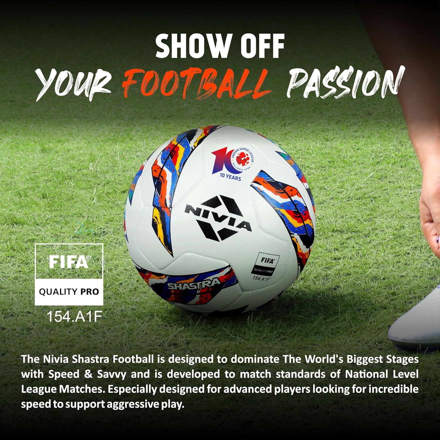 NIVIA Shastra Match Football with multicolor graphic panels placed on a grass field, displaying FIFA Quality Pro certification and designed for professional and competitive soccer matches.