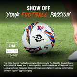 NIVIA Shastra Match Football with multicolor graphic panels placed on a grass field, displaying FIFA Quality Pro certification and designed for professional and competitive soccer matches.
