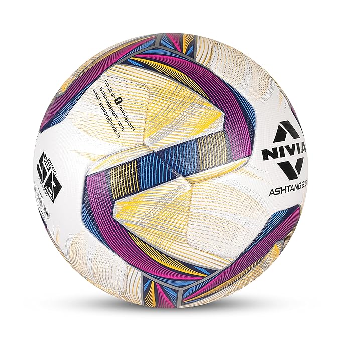 Side view of the NIVIA ASHTANG 2.0 Football, a FIFA Quality Pro match ball with a white microfiber PU surface and dynamic geometric panels in blue, pink, yellow, and black, featuring the NIVIA logo and ASHTANG 2.0 branding, suitable for professional play on natural and artificial grass.