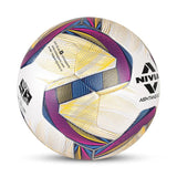 Side view of the NIVIA ASHTANG 2.0 Football, a FIFA Quality Pro match ball with a white microfiber PU surface and dynamic geometric panels in blue, pink, yellow, and black, featuring the NIVIA logo and ASHTANG 2.0 branding, suitable for professional play on natural and artificial grass.