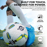 Soccer player controlling the NIVIA Nitro Thermobond Football on a field, with text highlighting “Built for Touch. Designed for Power,” 0.8 mm PU shell with Prisma grip, 4 mm EVA foam layer, and features such as high air retention, soft header feel, and high bounce for professional match performance.