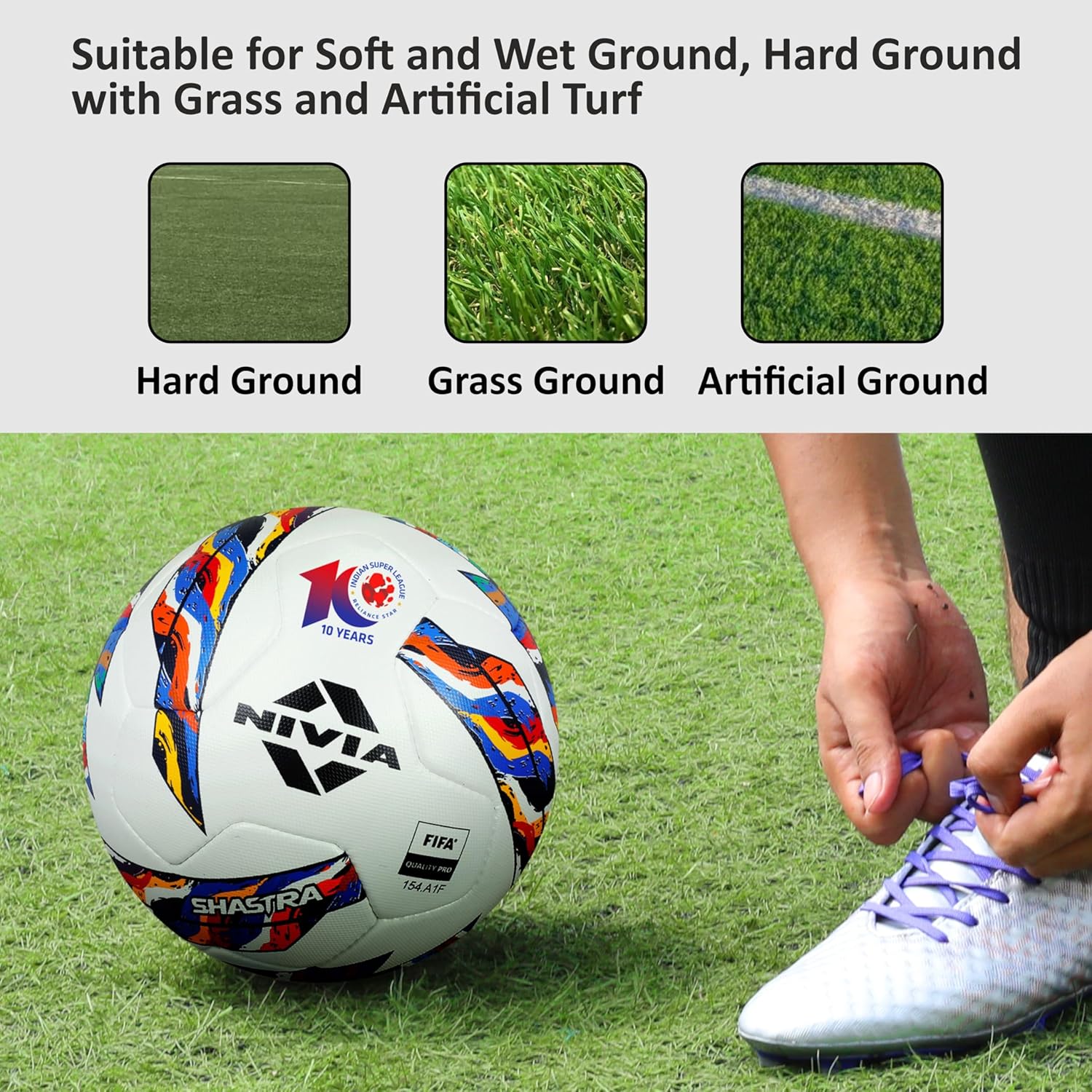 NIVIA Shastra Match Football placed on grass next to a player tying football boots, with icons indicating suitability for hard ground, grass ground, and artificial turf surfaces.