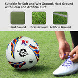 NIVIA Shastra Match Football placed on grass next to a player tying football boots, with icons indicating suitability for hard ground, grass ground, and artificial turf surfaces.