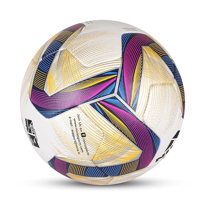 Angled view of the NIVIA ASHTANG 2.0 Football, a FIFA Quality Pro match ball with a white microfiber PU cover and bold geometric panel graphics in blue, pink, yellow, and black, designed for professional-level play on natural and artificial grass surfaces.