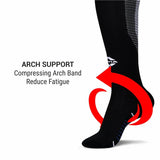 Black knee-high NIVIA Rabona football sock highlighting arch support feature, with on-image text reading “ARCH SUPPORT – Compressing Arch Band Reduce Fatigue” and a red arrow pointing to the arch area to indicate compression support for match play and training.