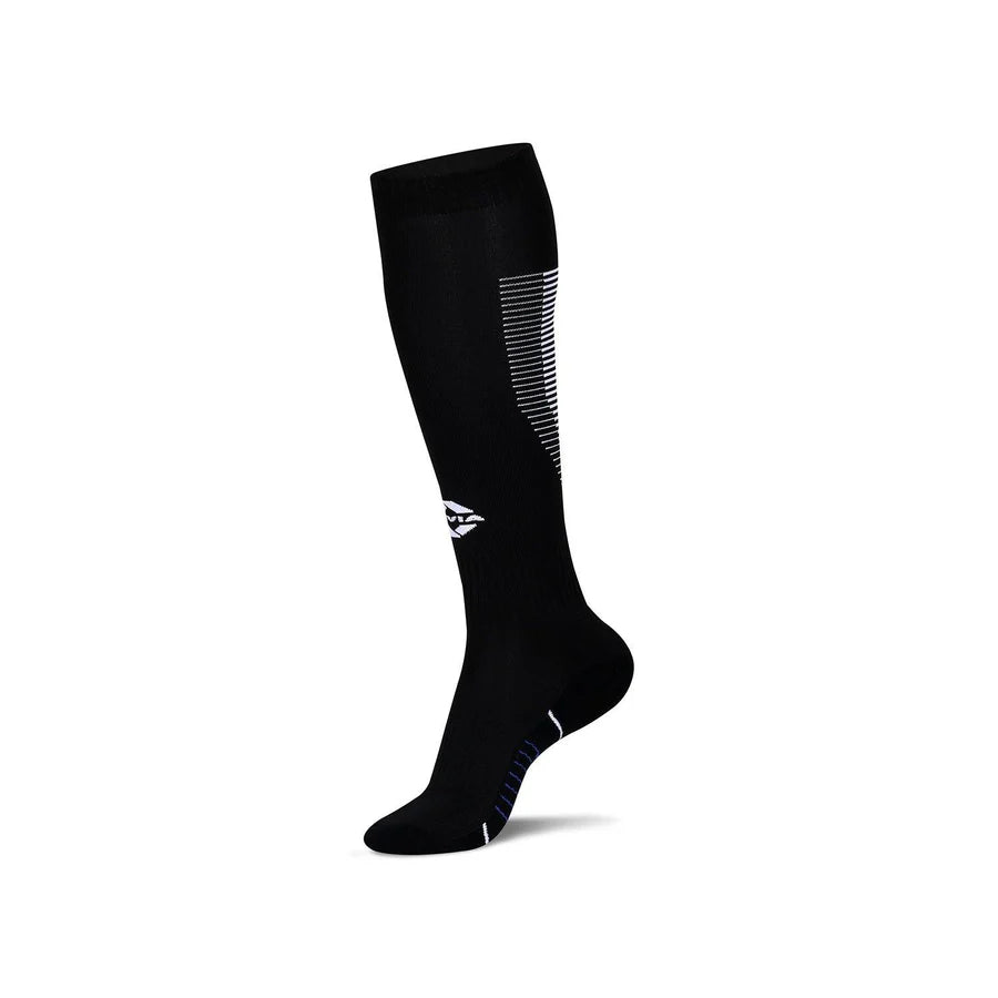 Single black knee-high NIVIA Rabona football sock with moisture-wicking fabric, featuring a white NIVIA logo on the shin, striped calf support detailing, and cushioned footbed for match play and high-intensity training.