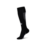 Single black knee-high NIVIA Rabona football sock with moisture-wicking fabric, featuring a white NIVIA logo on the shin, striped calf support detailing, and cushioned footbed for match play and high-intensity training.
