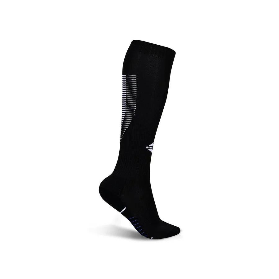 Single black knee-high NIVIA Rabona football sock with moisture-wicking fabric, featuring a white NIVIA logo on the shin, striped ribbed calf support panel, and cushioned footbed designed for match play and training sessions.