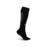 Single black knee-high NIVIA Rabona football sock with moisture-wicking fabric, featuring a white NIVIA logo on the shin, striped ribbed calf support panel, and cushioned footbed designed for match play and training sessions.