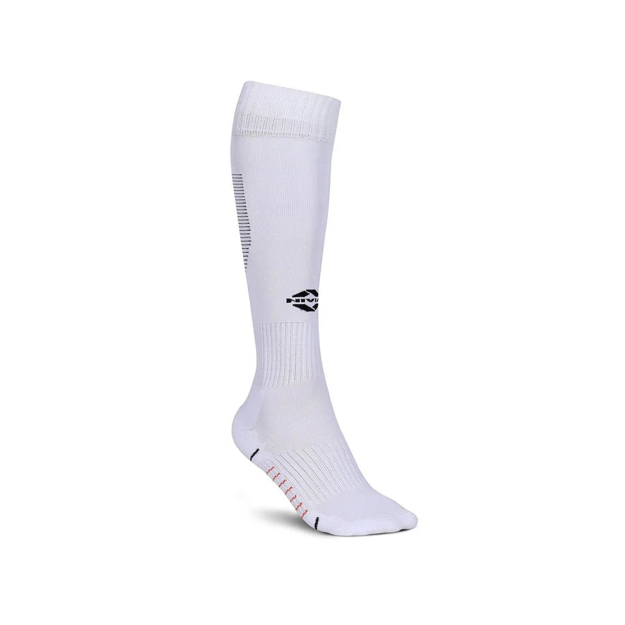 Single white knee-high NIVIA Rabona football sock with moisture-wicking fabric, featuring a black NIVIA logo on the shin, ribbed calf support panel, and cushioned footbed designed for match play and high-intensity training.