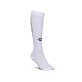 Single white knee-high NIVIA Rabona football sock with moisture-wicking fabric, featuring a black NIVIA logo on the shin, ribbed calf support panel, and cushioned footbed designed for match play and high-intensity training.