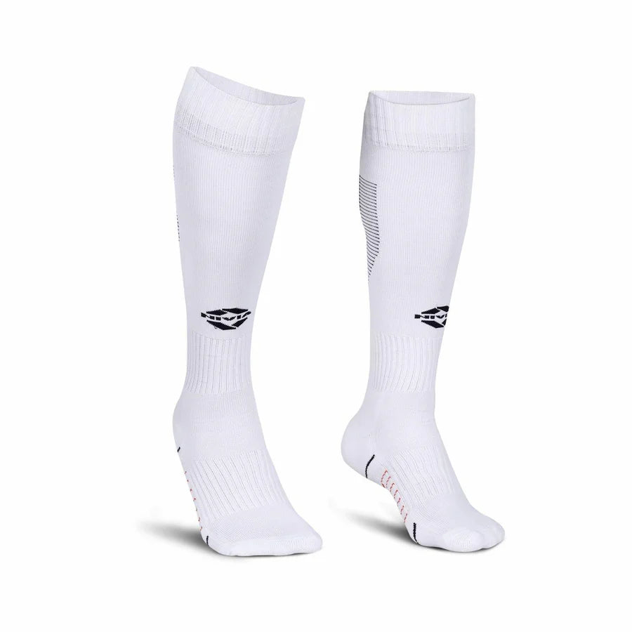 Pair of white knee-high NIVIA Rabona football socks with moisture-wicking fabric, featuring a black NIVIA logo on the shin, ribbed calf support panels, and a cushioned footbed designed for match play and training sessions.