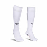 Pair of white knee-high NIVIA Rabona football socks with moisture-wicking fabric, featuring a black NIVIA logo on the shin, ribbed calf support panels, and a cushioned footbed designed for match play and training sessions.